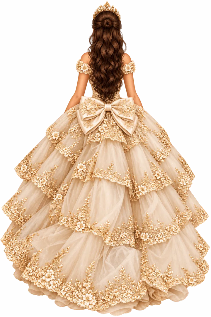 Illustration of Celeste from behind, in a champagne ball gown with a bow and a tiara.