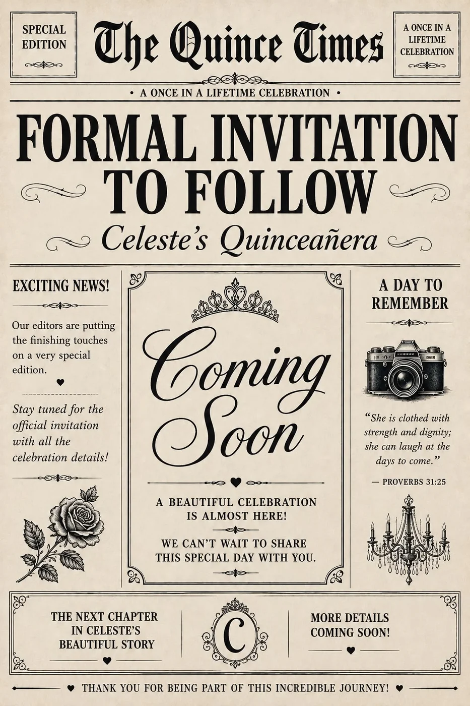 Printed back page: “Formal invitation to follow”, with the Proverbs 31:25 verse and Celeste’s monogram.