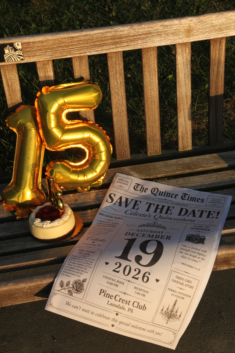The Save the Date newspaper on the bench, next to the gold 15 balloons and a cupcake.