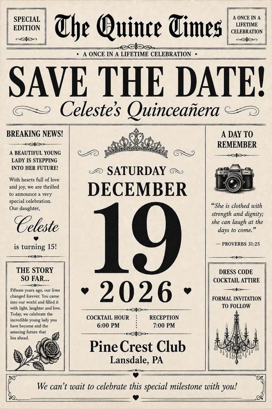 Printed front page of The Quince Times: SAVE THE DATE!, Saturday December 19 2026, Pine Crest Club, Lansdale PA, cocktail hour 6 PM and reception 7 PM.